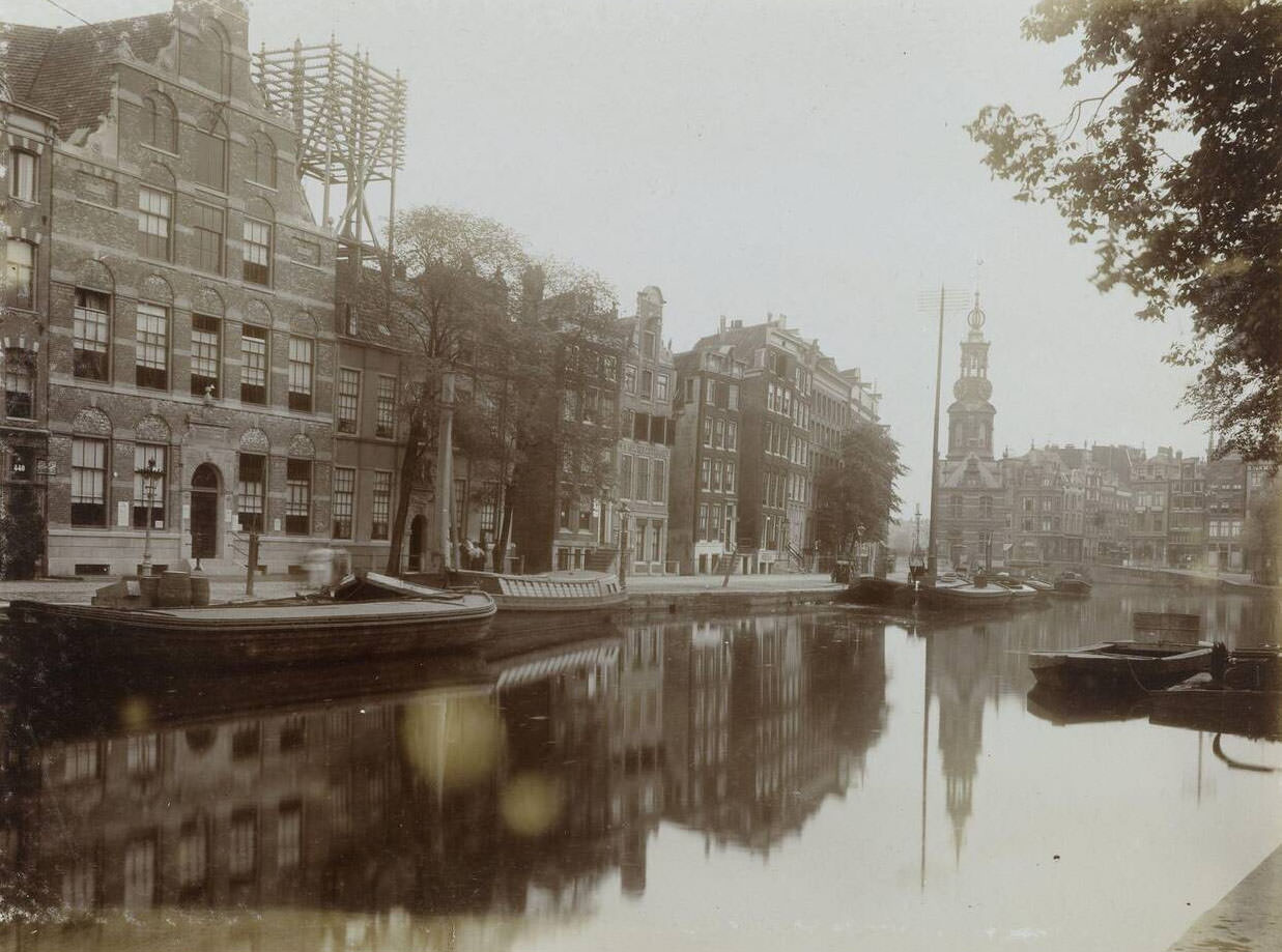 Singel with the Munttoren at Muntplein seen from the Flower Market, Amsterdam, Netherlands, 1900