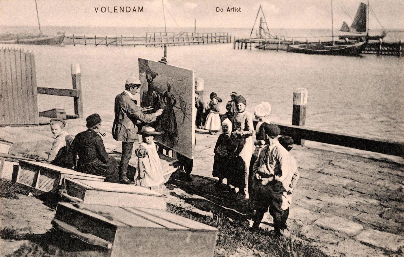 Swedish painter Ivar Kamke painting en plein air, watched by children in Volendam, Netherlands, 1908