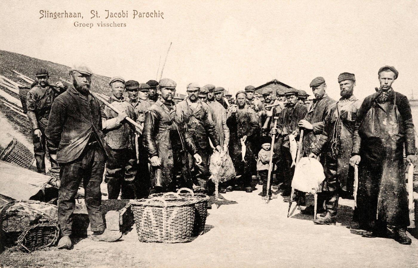 Dutch fishermen with their baskets and implements in Slingerhaan, Netherlands, 1907