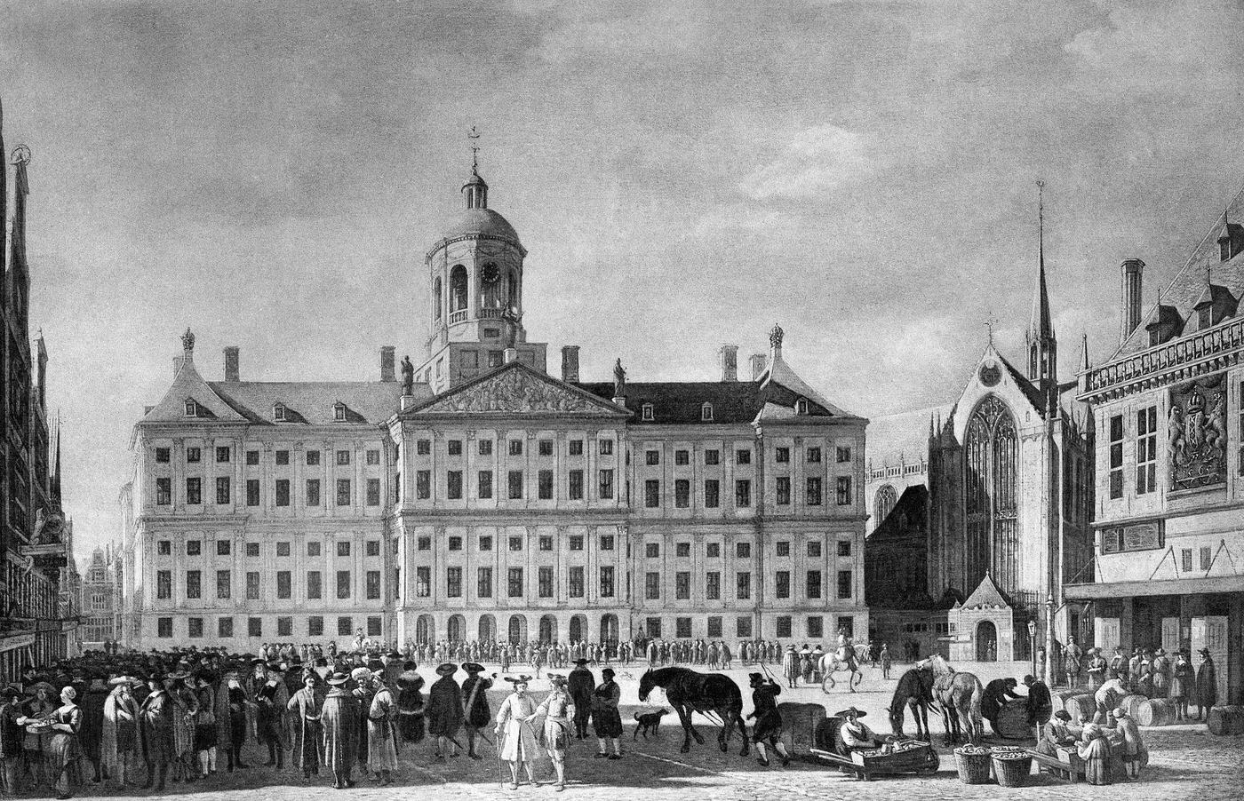 Rijksmuseum (Reichsmuseum) with a repro painting from 1673, Amsterdam, Netherlands, 1900