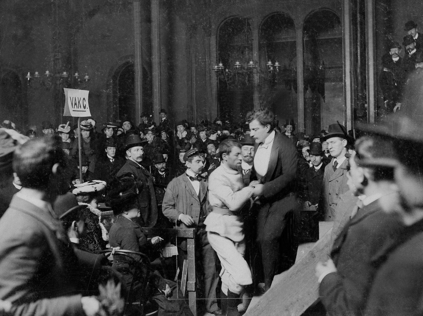 Hunger artist Papus presenting after eight days of fasting as a public attraction in Amsterdam, Netherlands, 1902