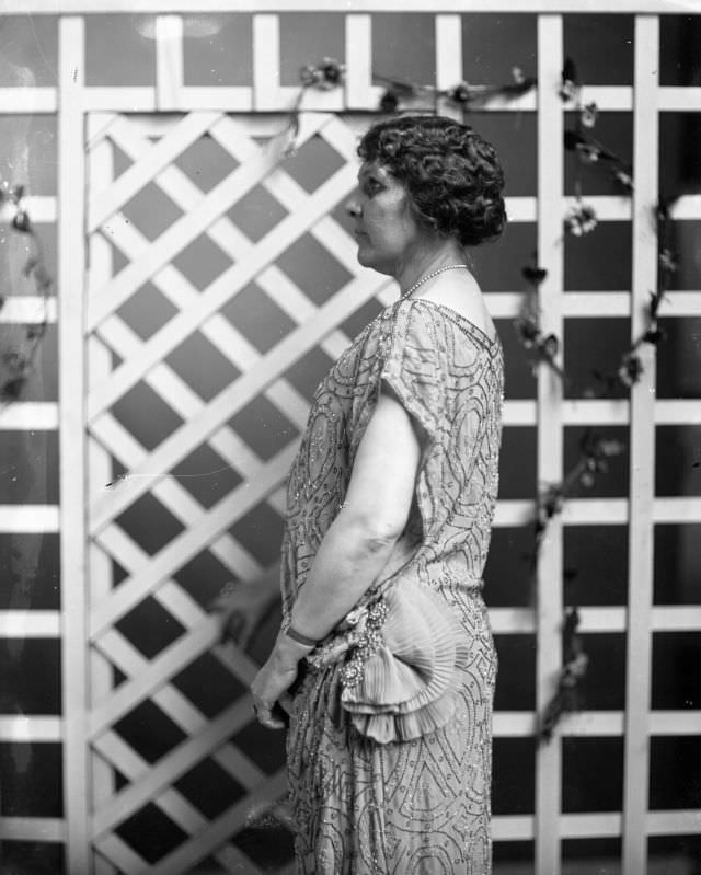 Portrait in profile of a woman in beaded dress, 1915