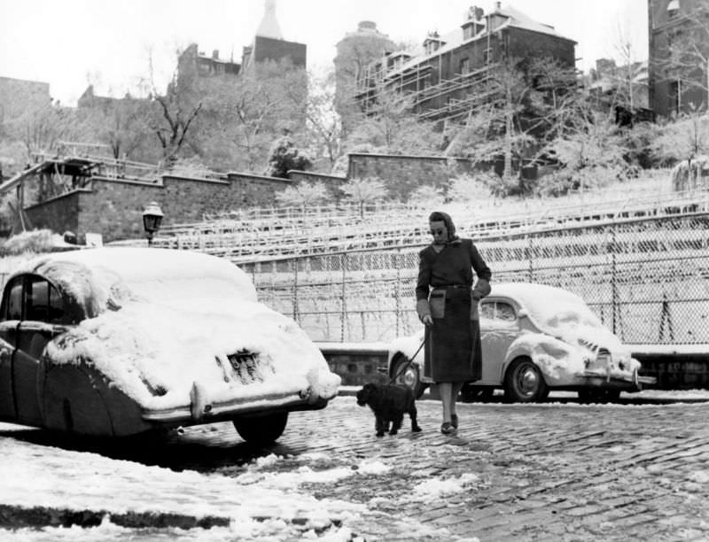 A woman walking with her dog in a street of Montmartre after the first snowfalls, 1958.