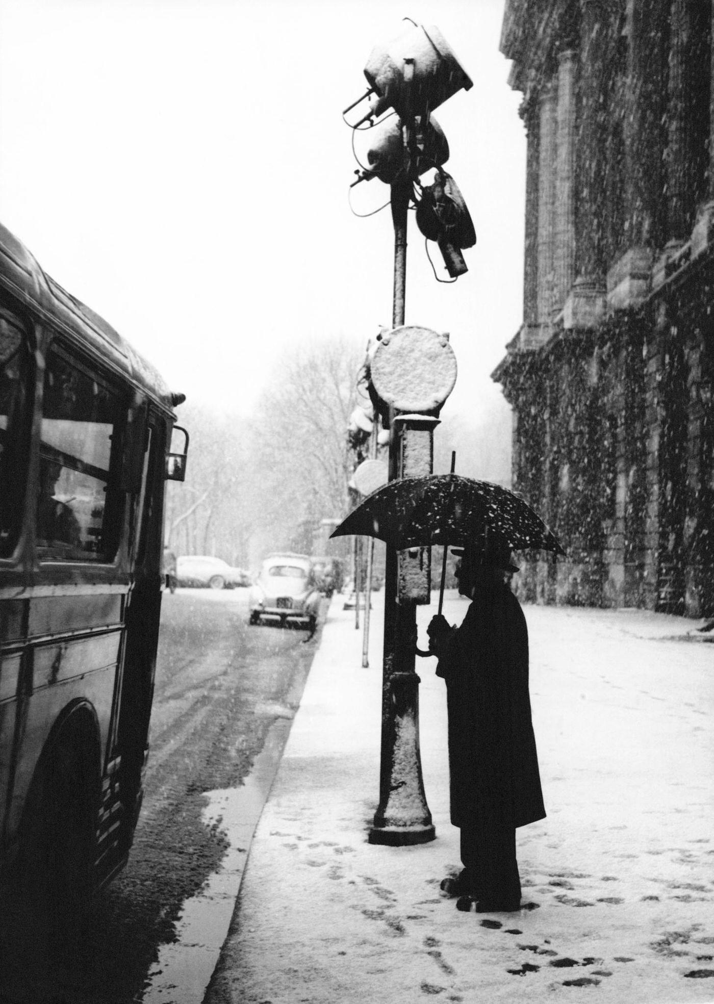 Parisian Waiting For Bus Under Snow, Place de la Concorde, Paris, February 22, 1957.