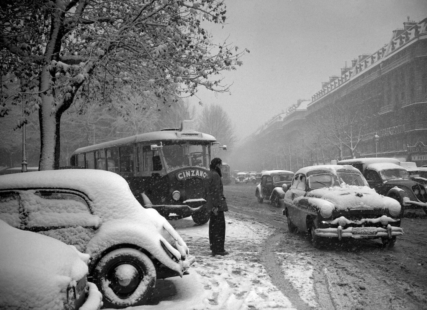 People Walking In The Muddy Snow In Paris During The 1952 Winter.