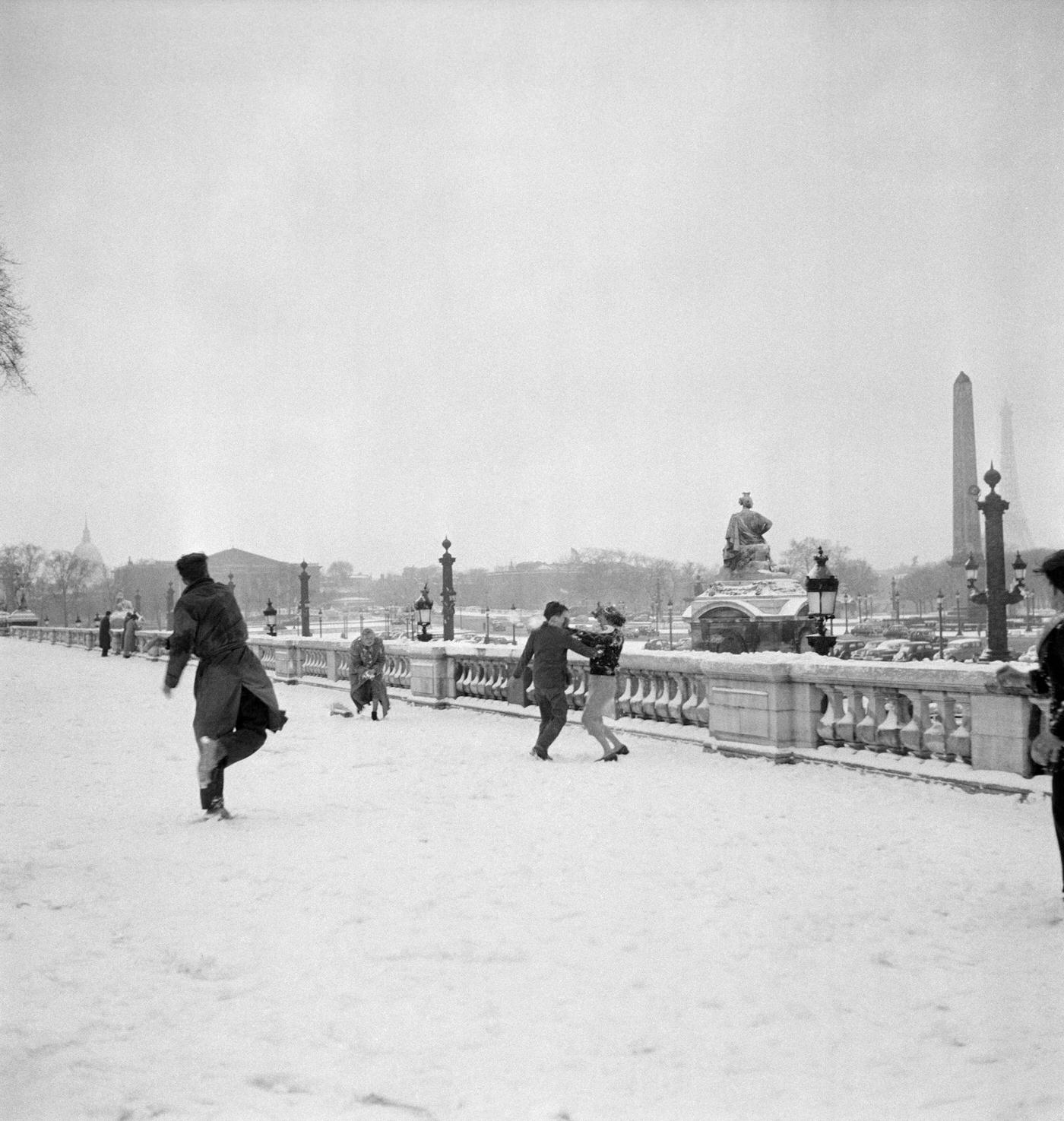 Young Parisians Having A Snowball Fight At Place de la Concorde, Paris, January 1956.