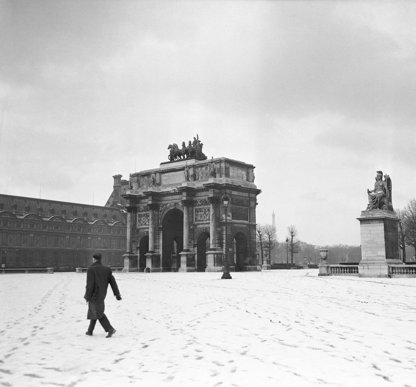 Snow Covering The Garden Of Tuileries And The Carrousel Arch Of Triumph, Paris, February 1956.