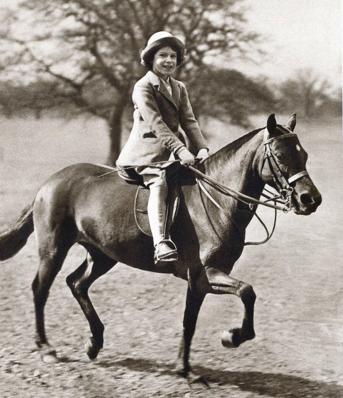 Princess Elizabeth riding her pony in Windsor Great Park, 1930s.