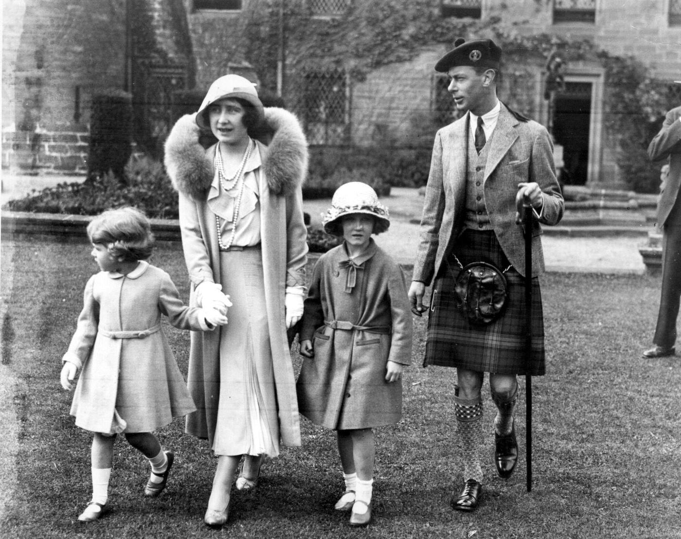 Future King and Queen, George, Duke of York and Elizabeth, Duchess of York with their daughters, Princesses Elizabeth (centre) and niece Diana, at Glamis Castle in Angus, Scotland, 1931