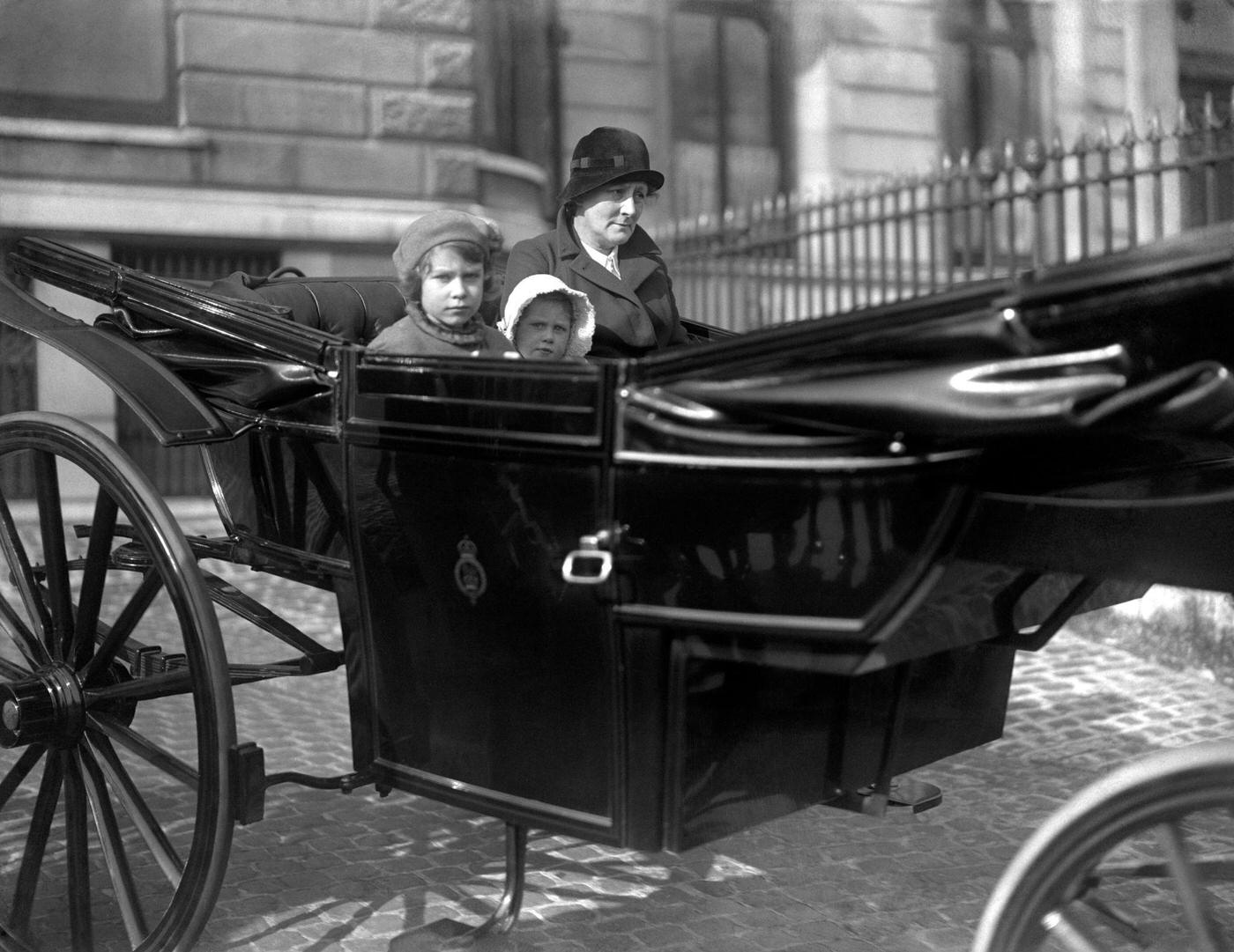 Princess Elizabeth and Margaret Ride in Horse-Drawn Carriage, 1933