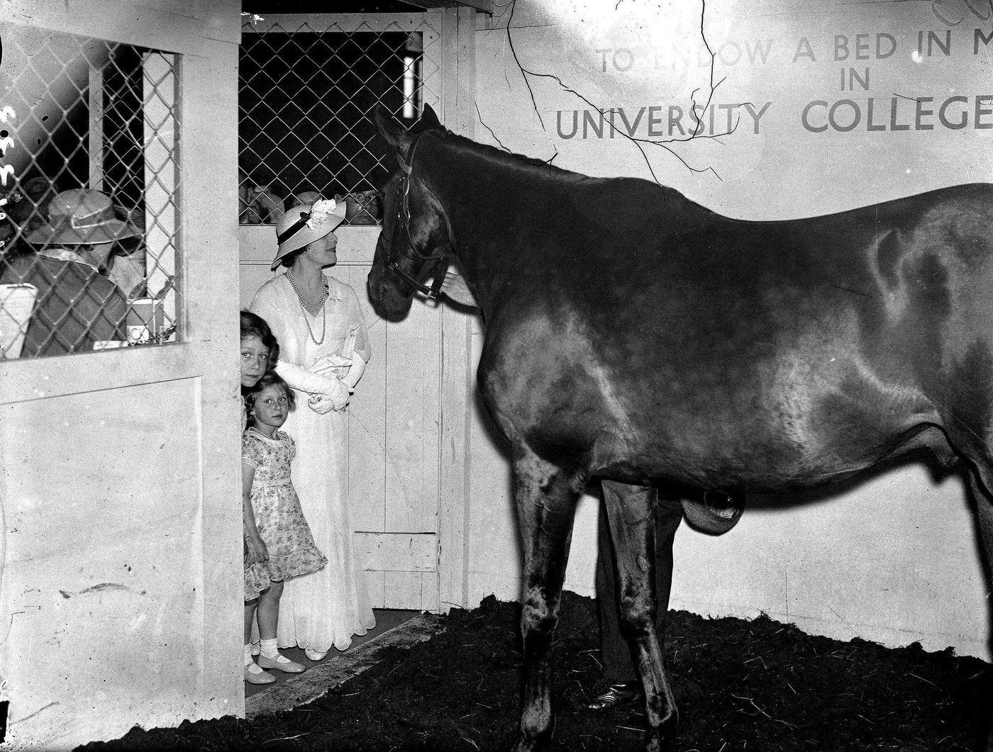 The Duchess of York Visits Racehorse Brown Jack with Princesses Elizabeth and Margaret, 26th June 1935