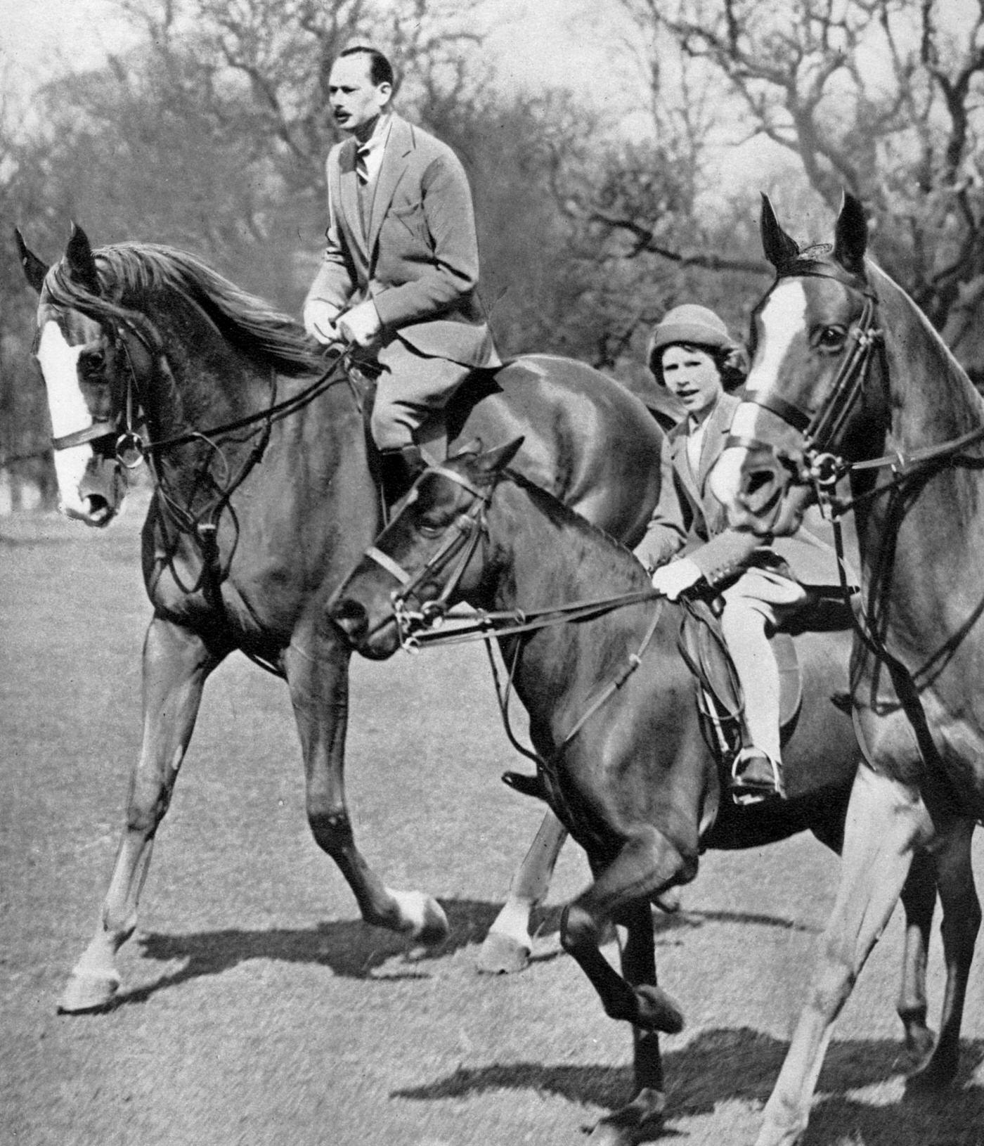 The Duke of Gloucester riding with Princess Elizabeth in Windsor Great Park, 1936.