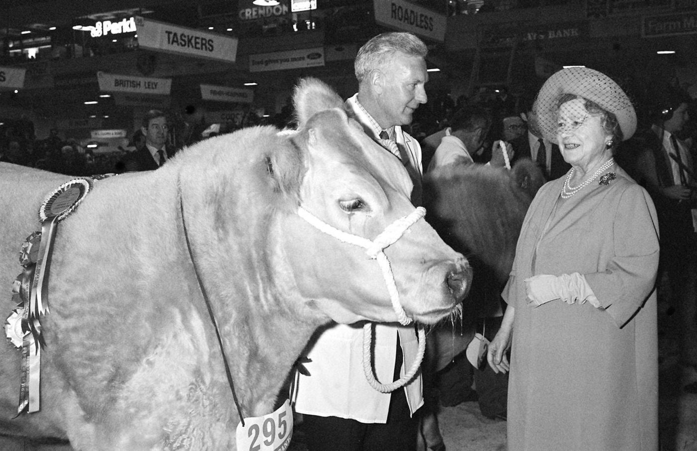 The Queen Mother, during her visit to the Royal Smithfield Show at Earls Court in London, 1959