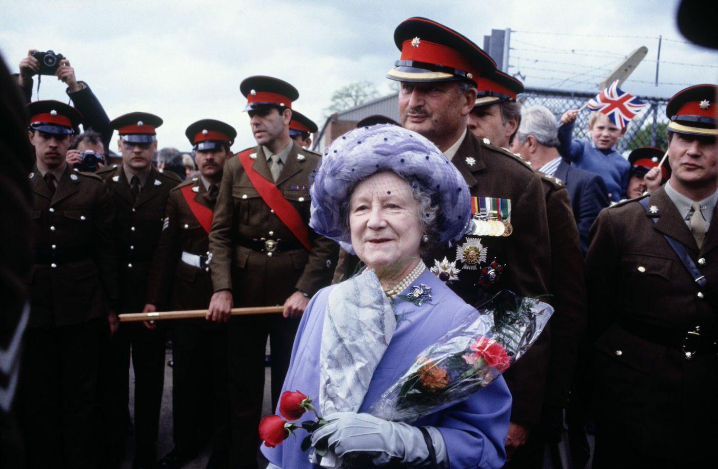 The Queen Mother visiting the Royal Anglian Regiment at Hyderabad barracks in Colchester, England, 1983.