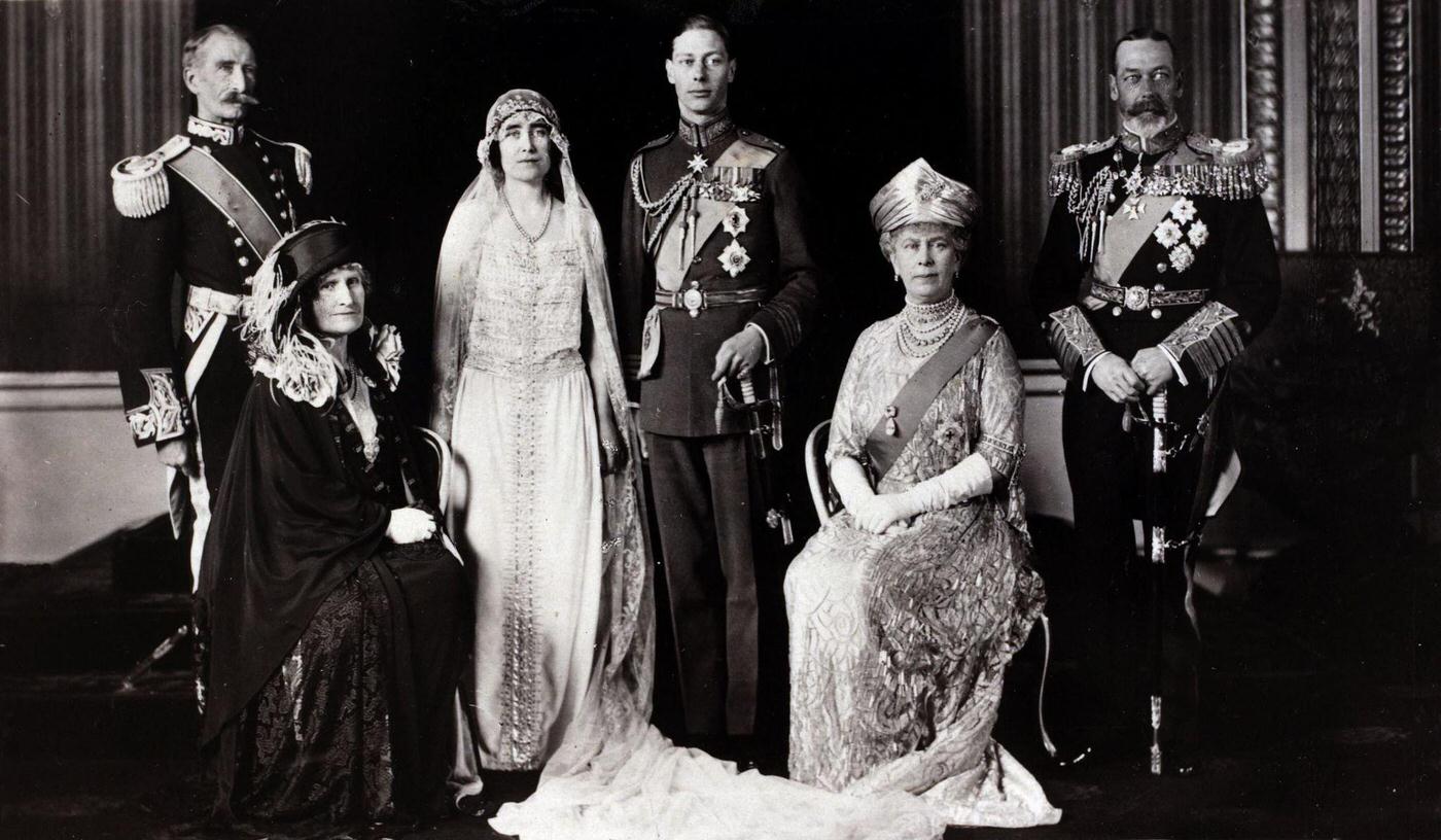 Wedding of Duke of York and Lady Elizabeth Bowes-Lyon, group includes Earl and Countess of Strathmore, Duke and Duchess of York, King George V and Queen Mary