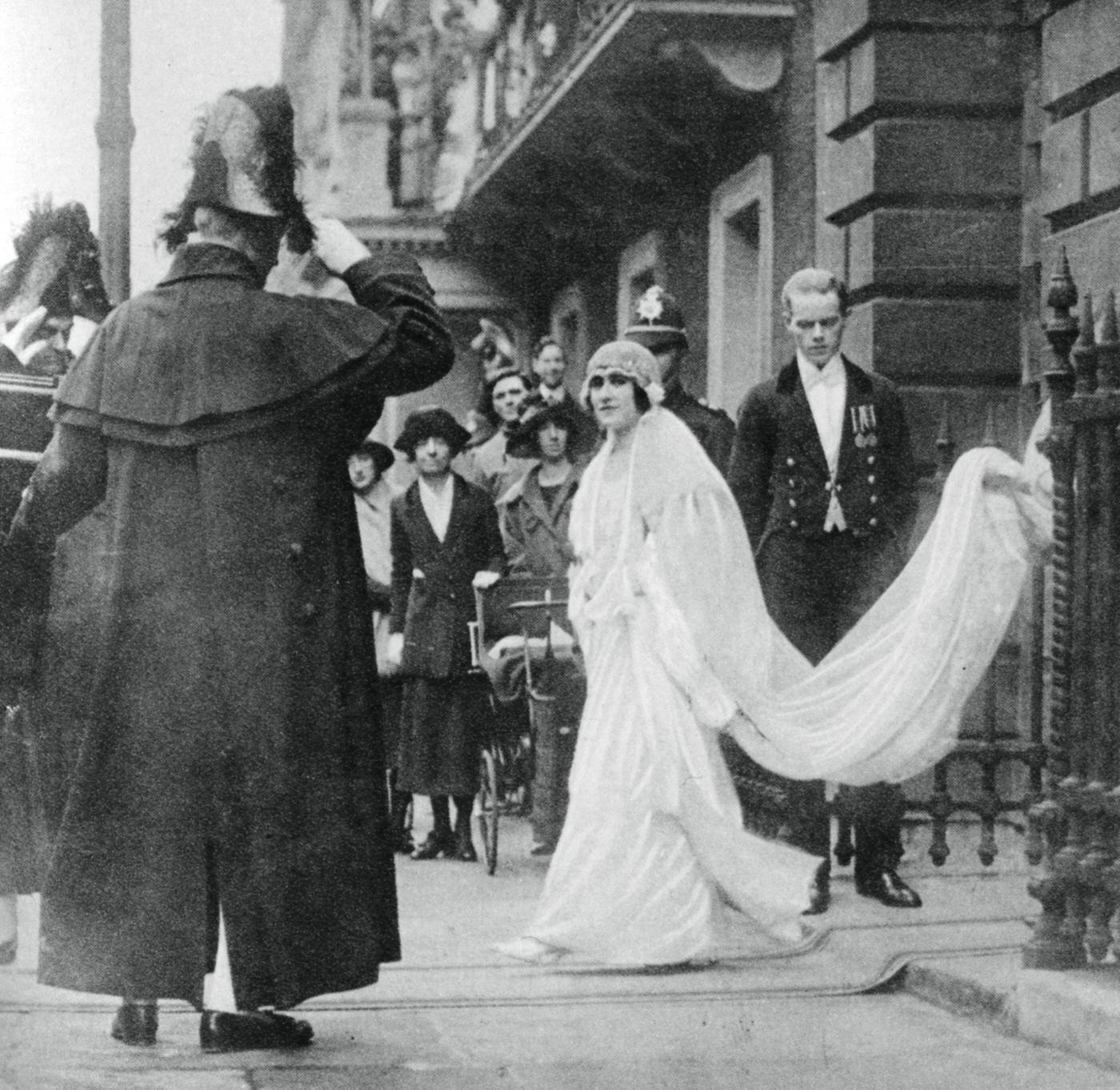 Lady Elizabeth Bowes-Lyon on her way to be married at Westminster Abbey, 26 April 1923