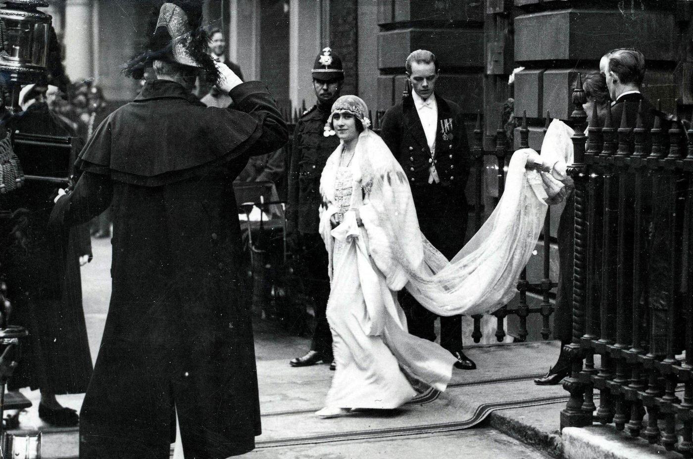Young Queen Mother as Lady Elizabeth Bowes Lyon leaving her London home for her wedding to the Duke of York, 26th April 1923.