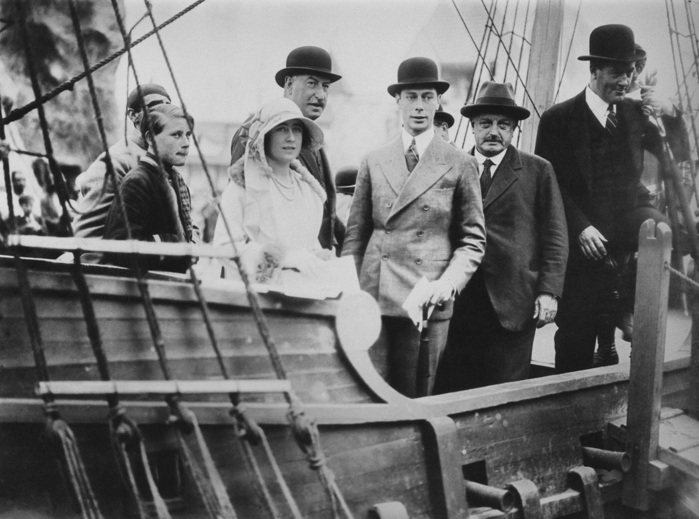 The Duke and Duchess of York visiting Drake's ship at the Treasure Island exhibit at the British Empire Exhibition, Wembley, London, June 1925.