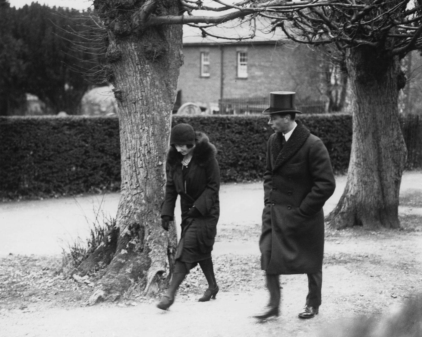 Duke and Duchess of York at John Herbert Bowes-Lyon's funeral, St Paul's Parish Church, Walden, Hertfordshire, 10 February 1930.