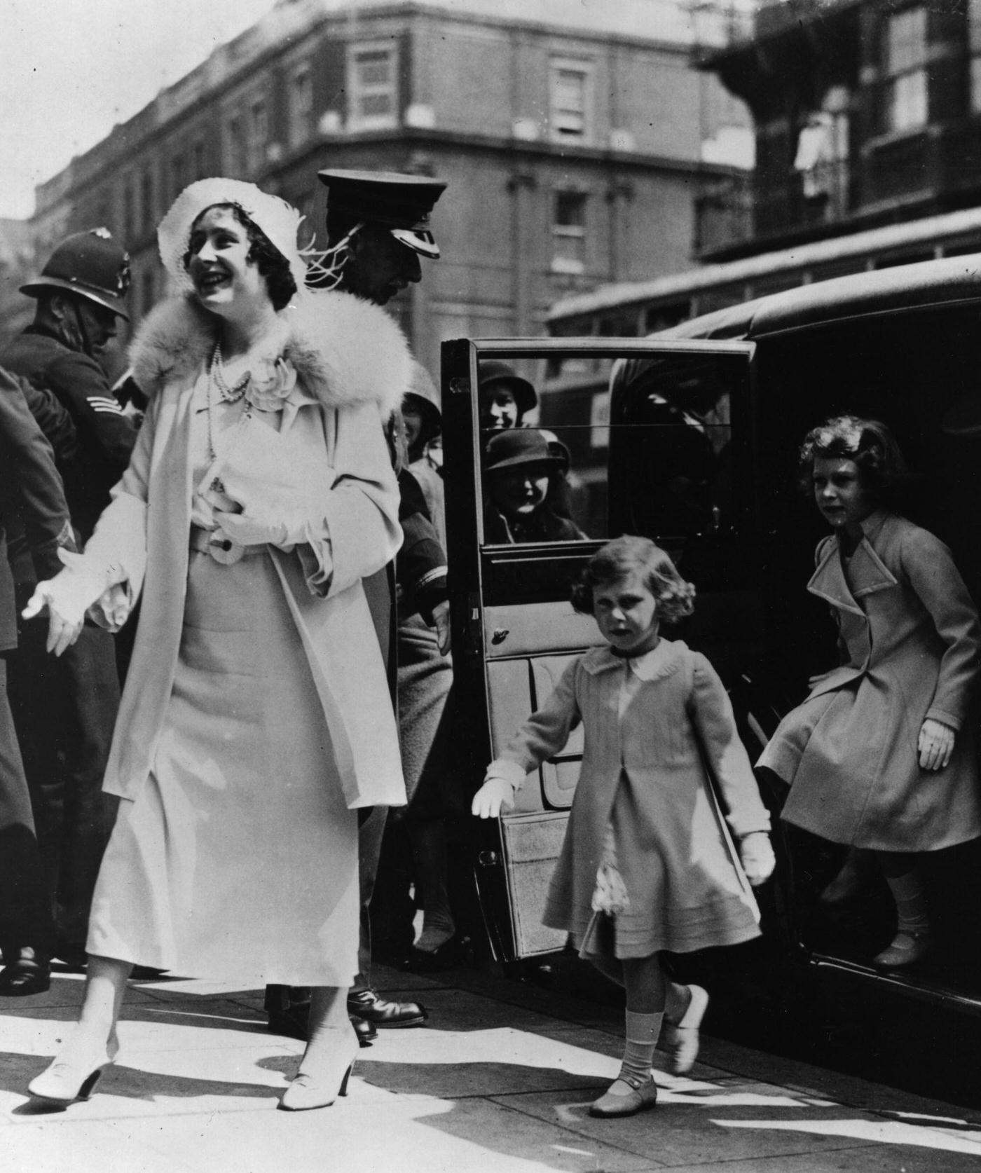 Queen Elizabeth with Princesses Elizabeth and Margaret arriving at the Royal Tournament, Olympia, 1935.