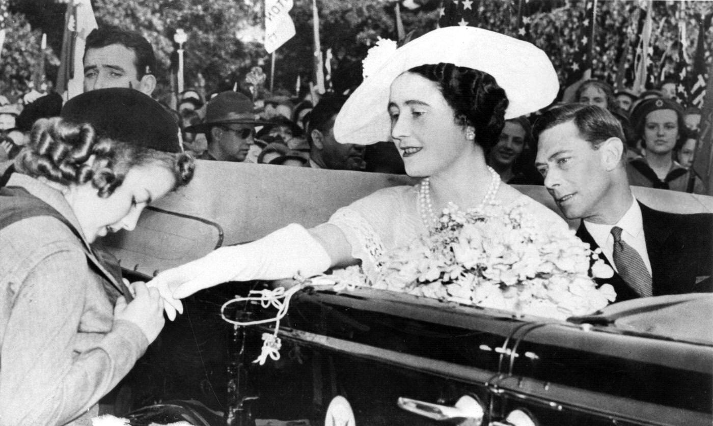 King George VI and Queen Elizabeth at a Girl Scout parade at the White House, Washington, D.C., 1939.