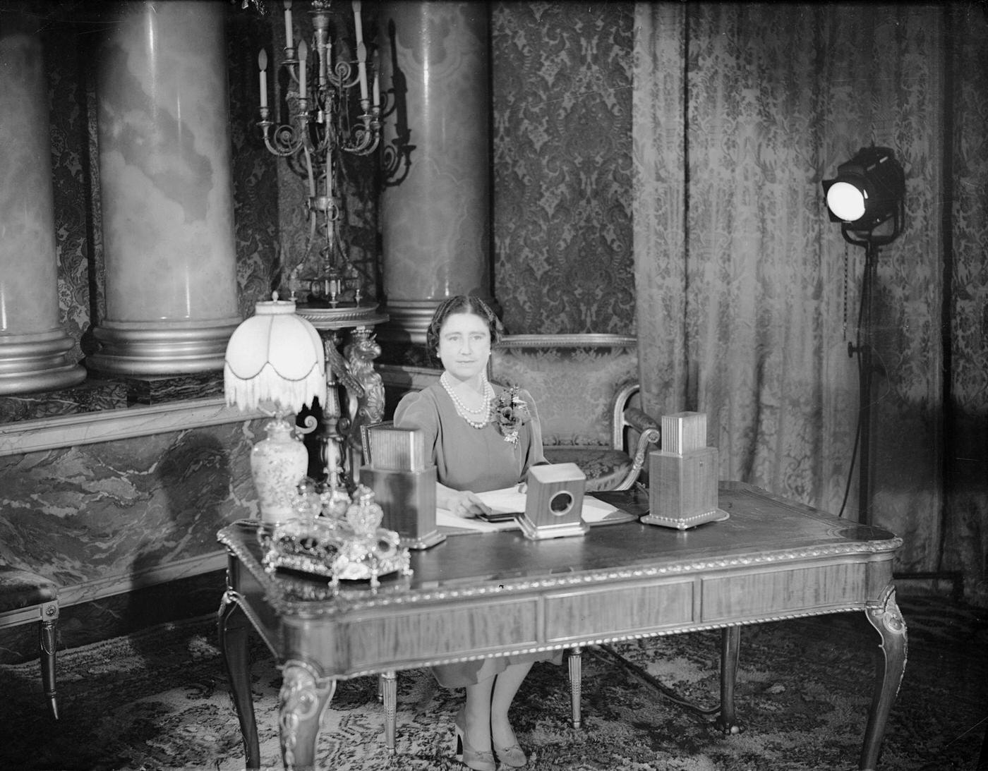 Queen Elizabeth making a radio broadcast to women of the British Empire,1940.