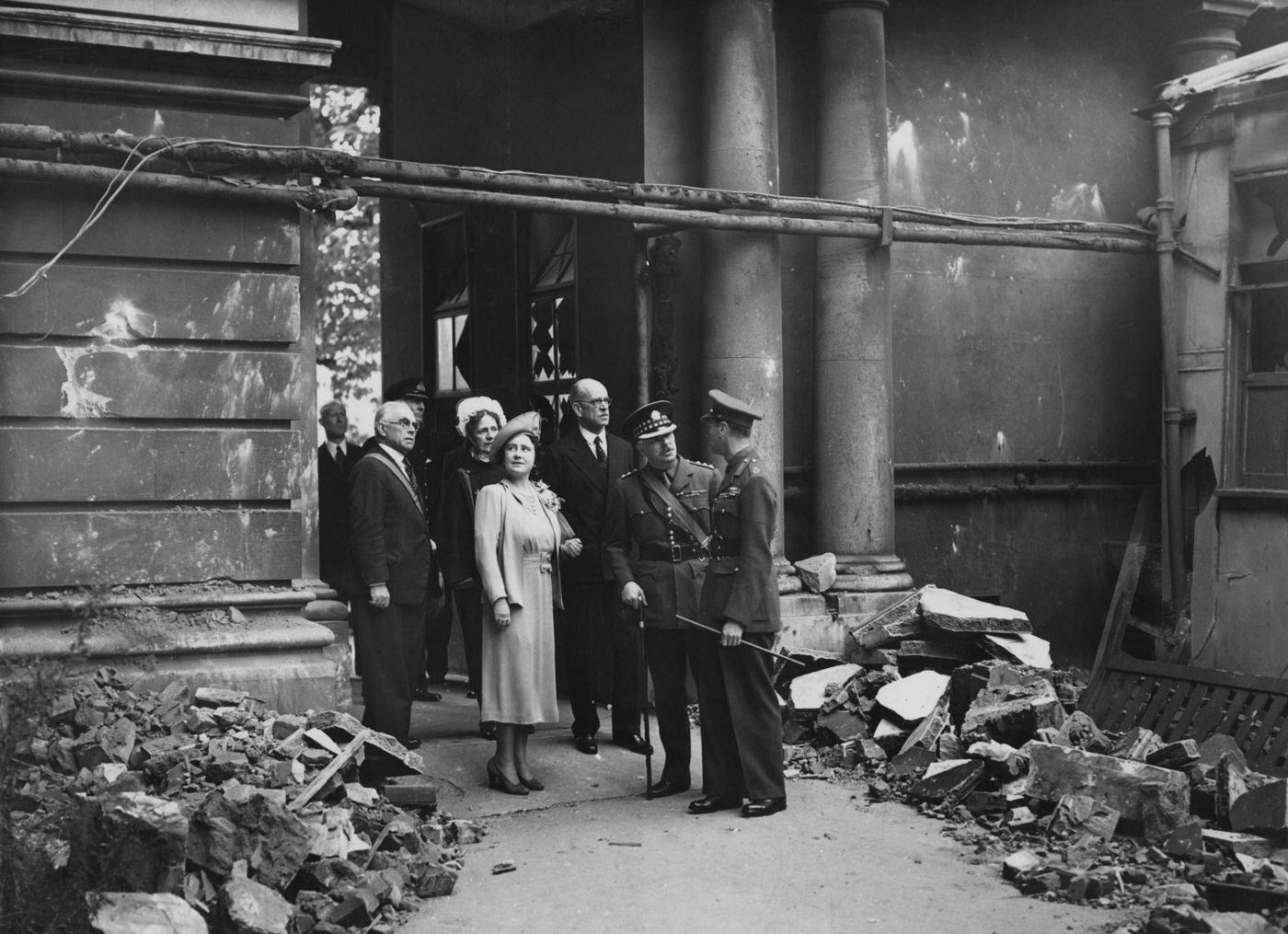 King George VI and Queen Elizabeth inspecting air-raid damage at St. Thomas' Hospital during the Blitz, London, September 1940.