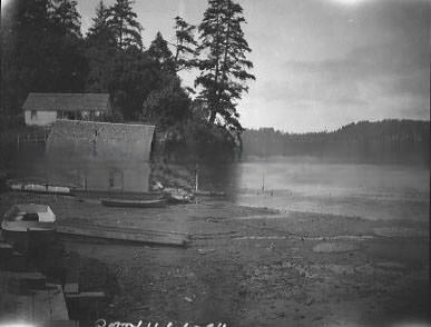 A shoreline with several boats, a boat house, and a house on a small hill overlooking the water, 1890