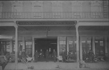 A front exterior view of the Stanton, Thomson & Co. hardware store at 308-312 J Street, 1890