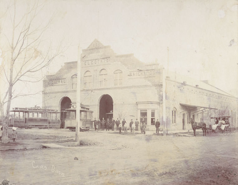 Brick Central Electric Railway Co. barn with two arched entryways and bay window at front,1892