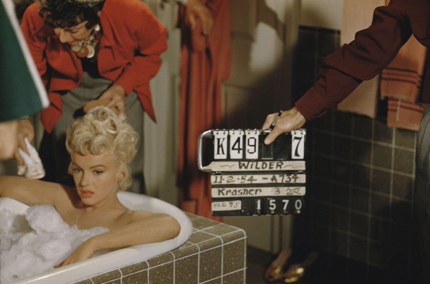 Marilyn Monroe sits in a bubble bath in 1954 during the filming of "The Seven Year Itch"