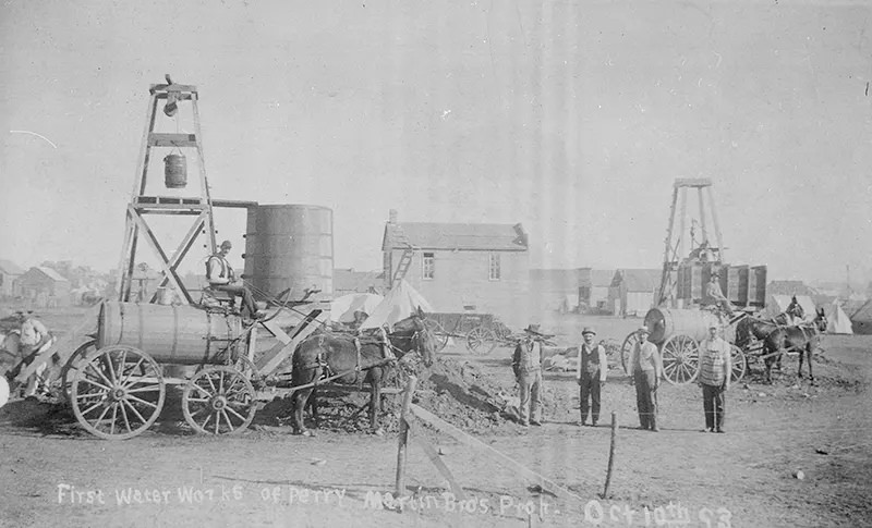 The first water works of Perry, Oklahoma were established in 1893, as captured in this photograph.