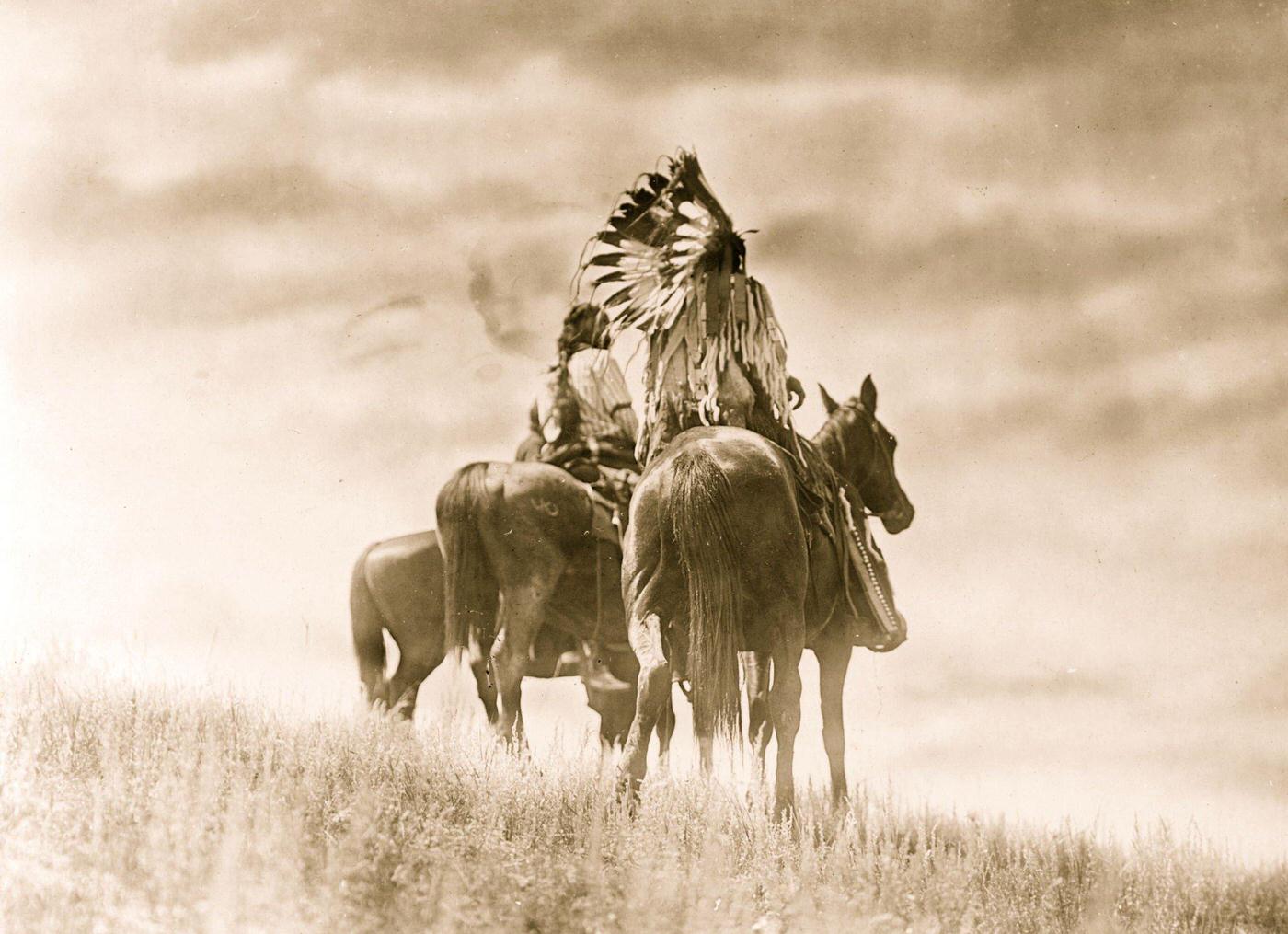 Three Cheyenne warriors on horseback., 1905
