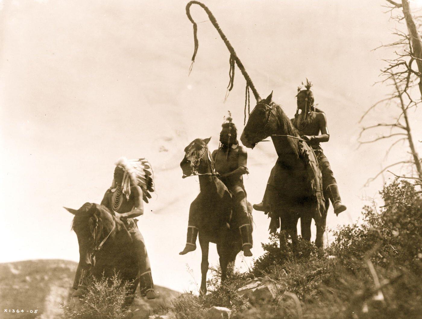Upshaw, Which Way, and unidentified Indian on horseback, 1905