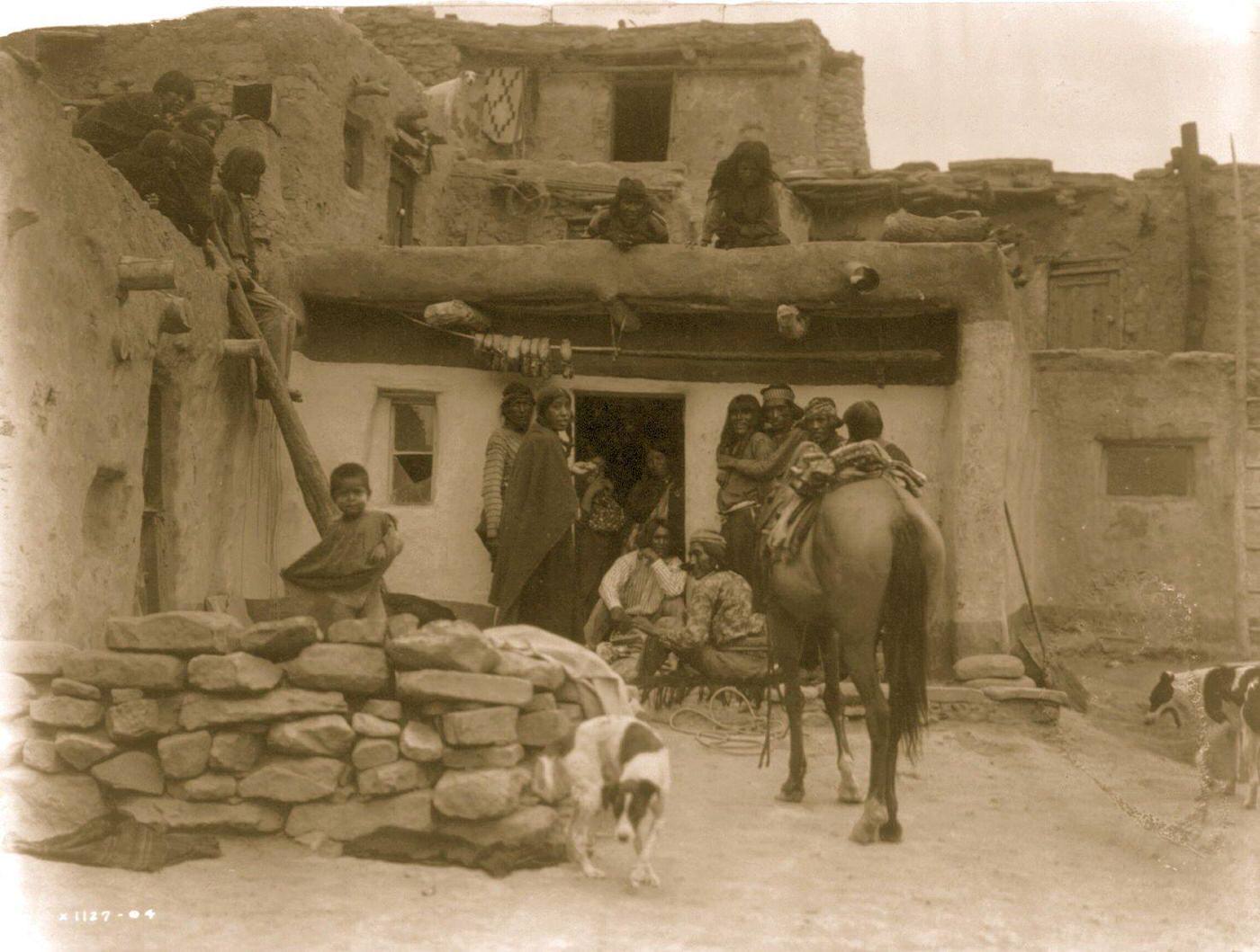 Hopi adults gather outside doorway, children on roof, dogs and horse in foreground, 1905