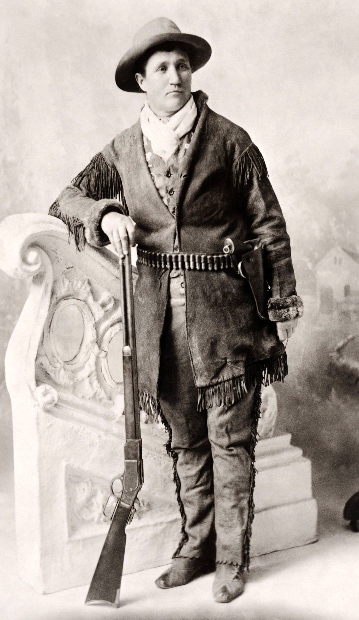 Calamity Jane, born Martha Jane Canary, photographed in 1895. She was an American frontierswoman and professional scout, a native American fighter, prostitute and possibly the wife of Wild Bill Hickok, also appearing in Buffalo Bill's Wild West Show, 1895