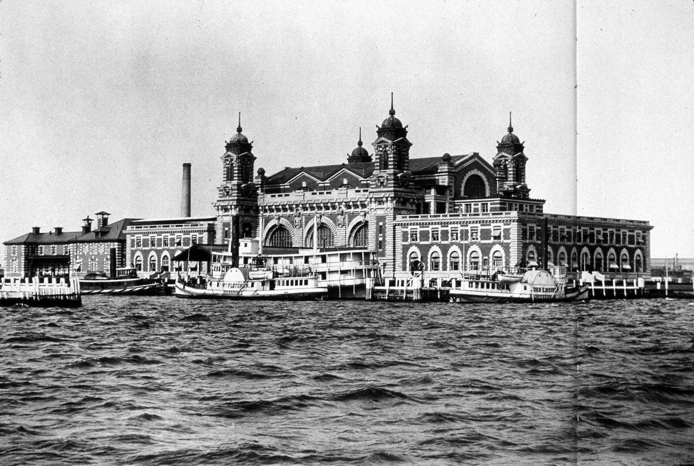 A view of Ellis Island in New York Bay, run by the US Immigration Service. Between 1892 and 1954 over 20 million immigrants to the USA passed through it on their way to a new life.