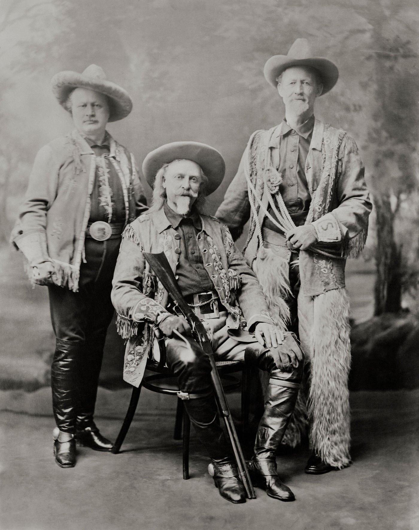 Gordon W. Lillie, aka Pawnee Bill, "Buffalo" Bill Cody, and Charles Jones, aka "Buffalo Jones", sit for a portrait.