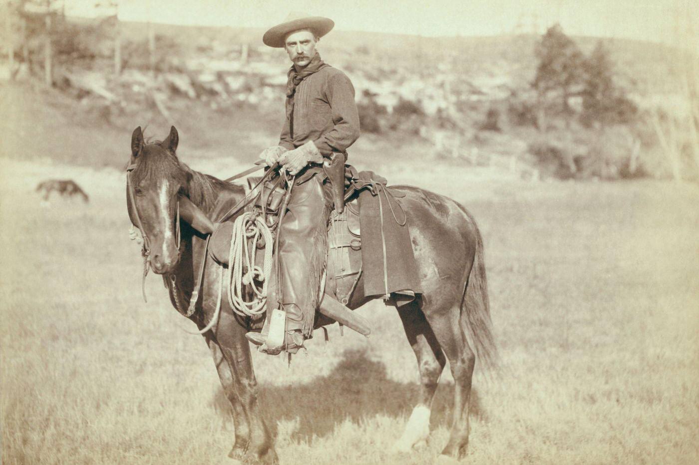 Cowboy on a horse, looking towards the camera, United States, 1890.