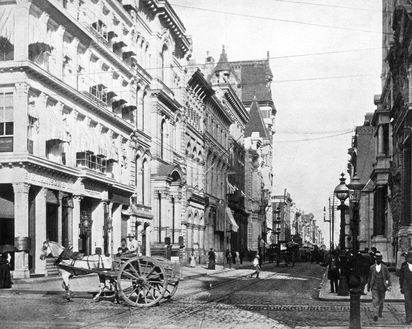 Philadelphia Street, circa 1890: Chestnut Street in Philadelphia, Pennsylvania which runs west from the Delaware River to the western limit of the town and is named after a tree growing in the state.