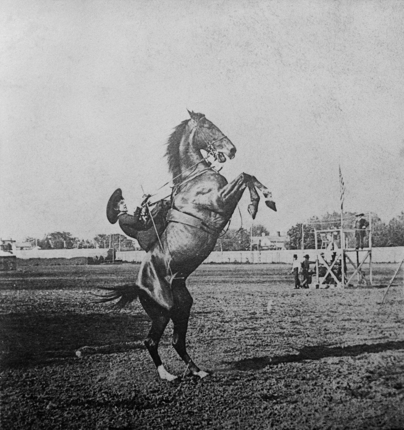 Miss Hickok, Champion Equestrienne of the World, 1889: Emma Lake, the daughter of Agnes Thatcher Lake who married Wild Bill Hickok, the famed gunfighter and lawman of the American Old West, part of 'Buffalo Bill Cody's Wild West'