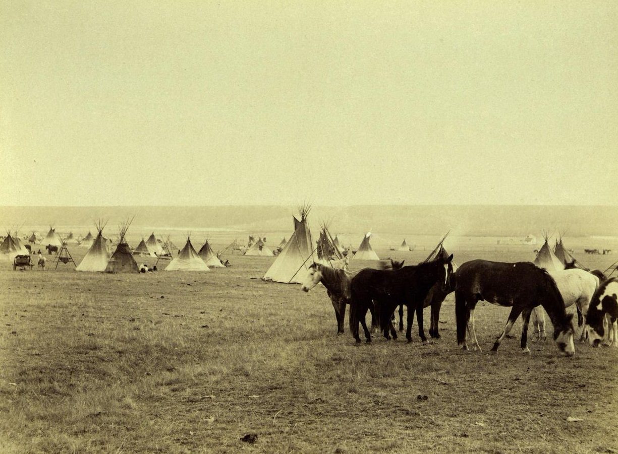 Blackfoot Camp, Blackfeet Indian Reservation, Montana, 1887: A group of horses graze in the foreground as a Blackfoot Indian encampment spreads into the background behind them. Text reads 'Indian Camp, Blackfoot Reserve.'