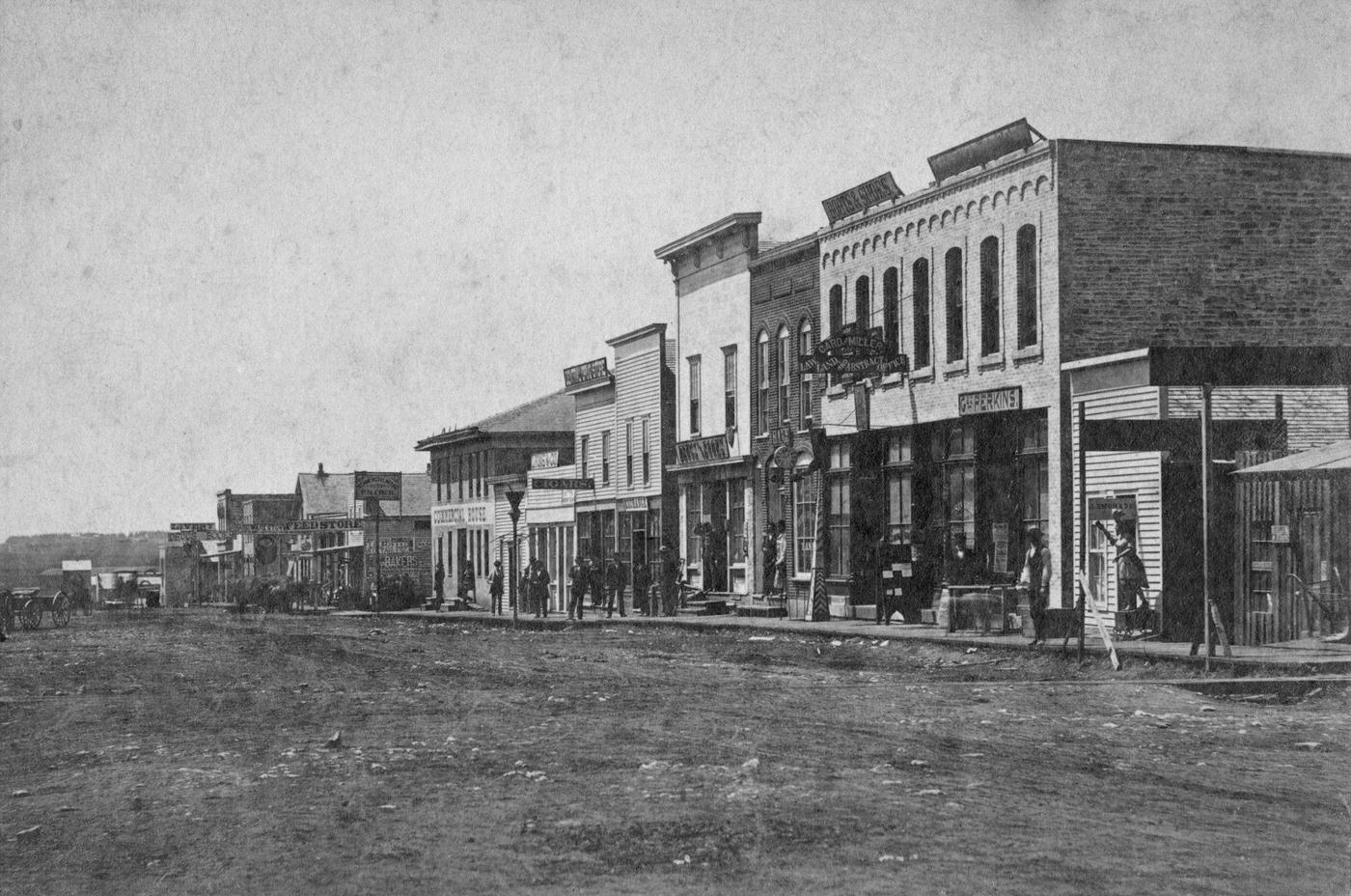 Unidentified Western Frontier Town, view of buildings, in a small frontier town on the Plains, during America's westward expansion era, nineteenth century.