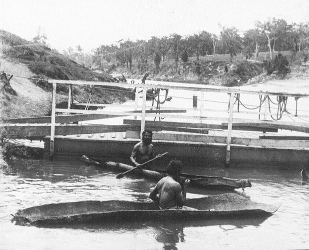 Aboriginal people in bark canoes, location unknown