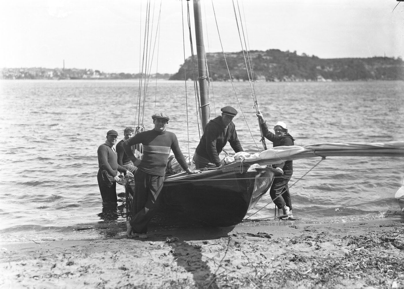 Yacht crew on a beach, Sydney Harbour