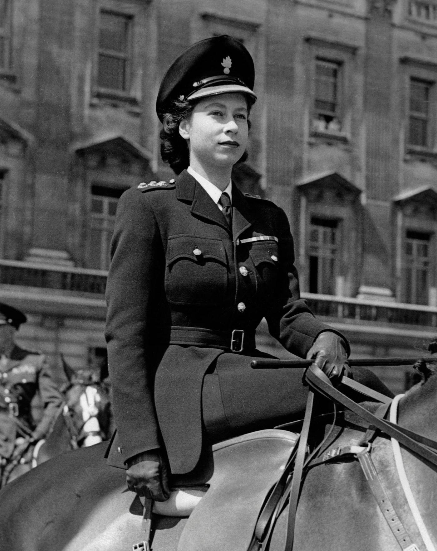 Princess Elizabeth (the future Queen Elizabeth II) outside Buckingham Palace, London, England, 12 June 1947.