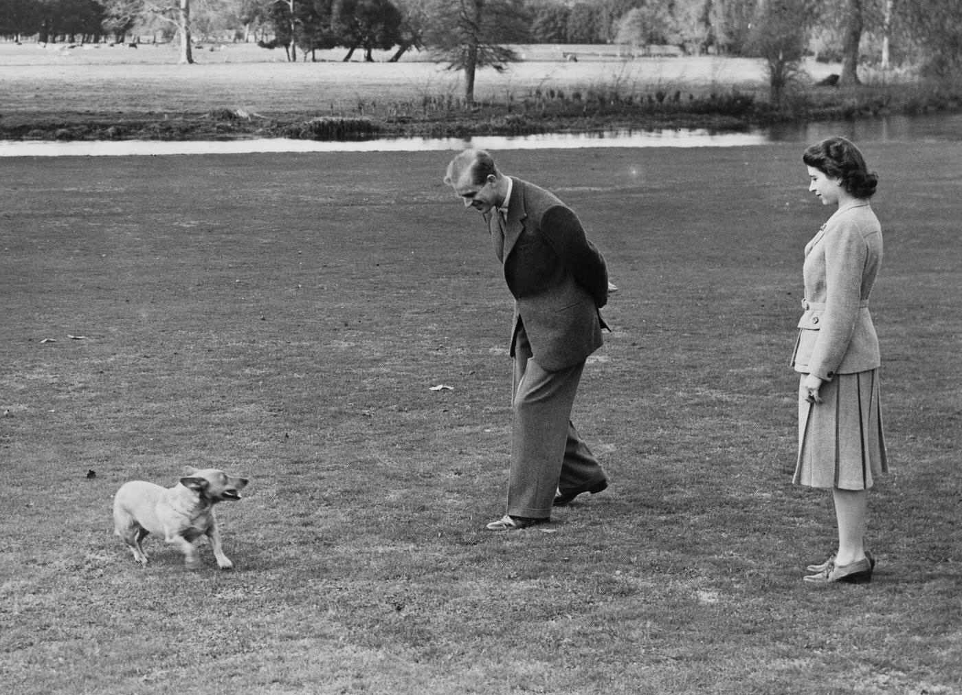 Princess Elizabeth and the Duke of Edinburgh playing with the Princess's pet corgi Susan at Broadlands in Hampshire, during the start of their honeymoon, 24 November 1947.