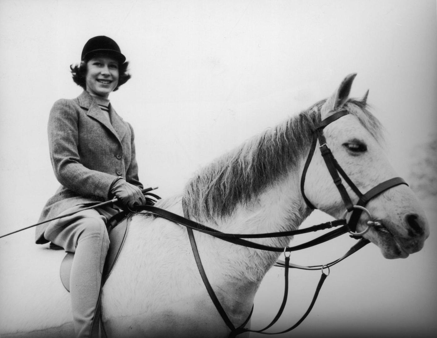 Princess Elizabeth out riding at the Royal Lodge, Windsor, April 1940.