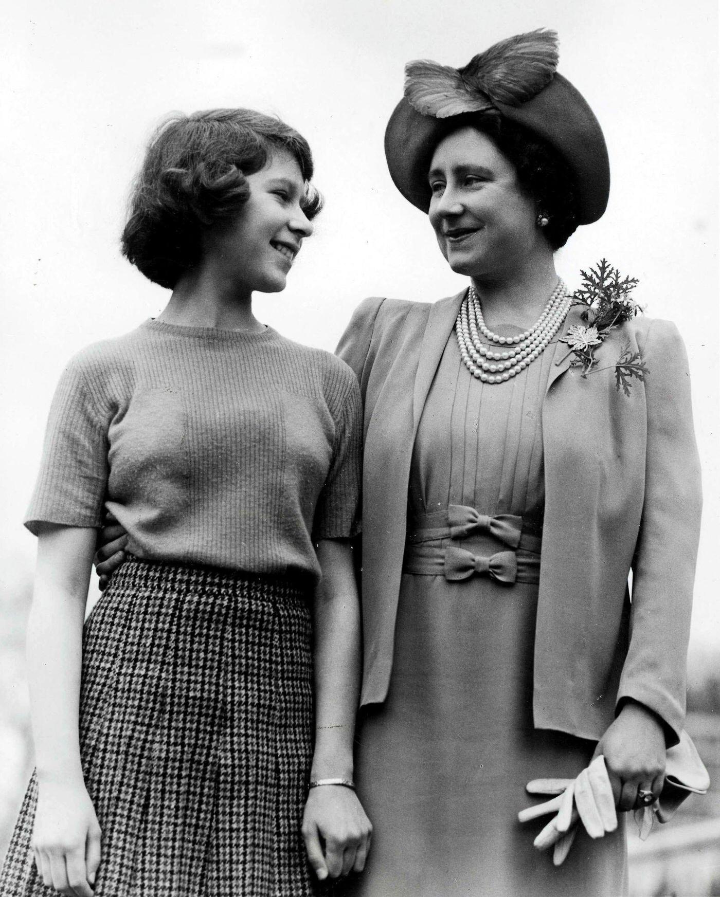 Queen Elizabeth The Queen Mother (1900-2002) posed together with her daughter, Princess Elizabeth, at Royal Lodge, Windsor, Berkshire, April 1940.