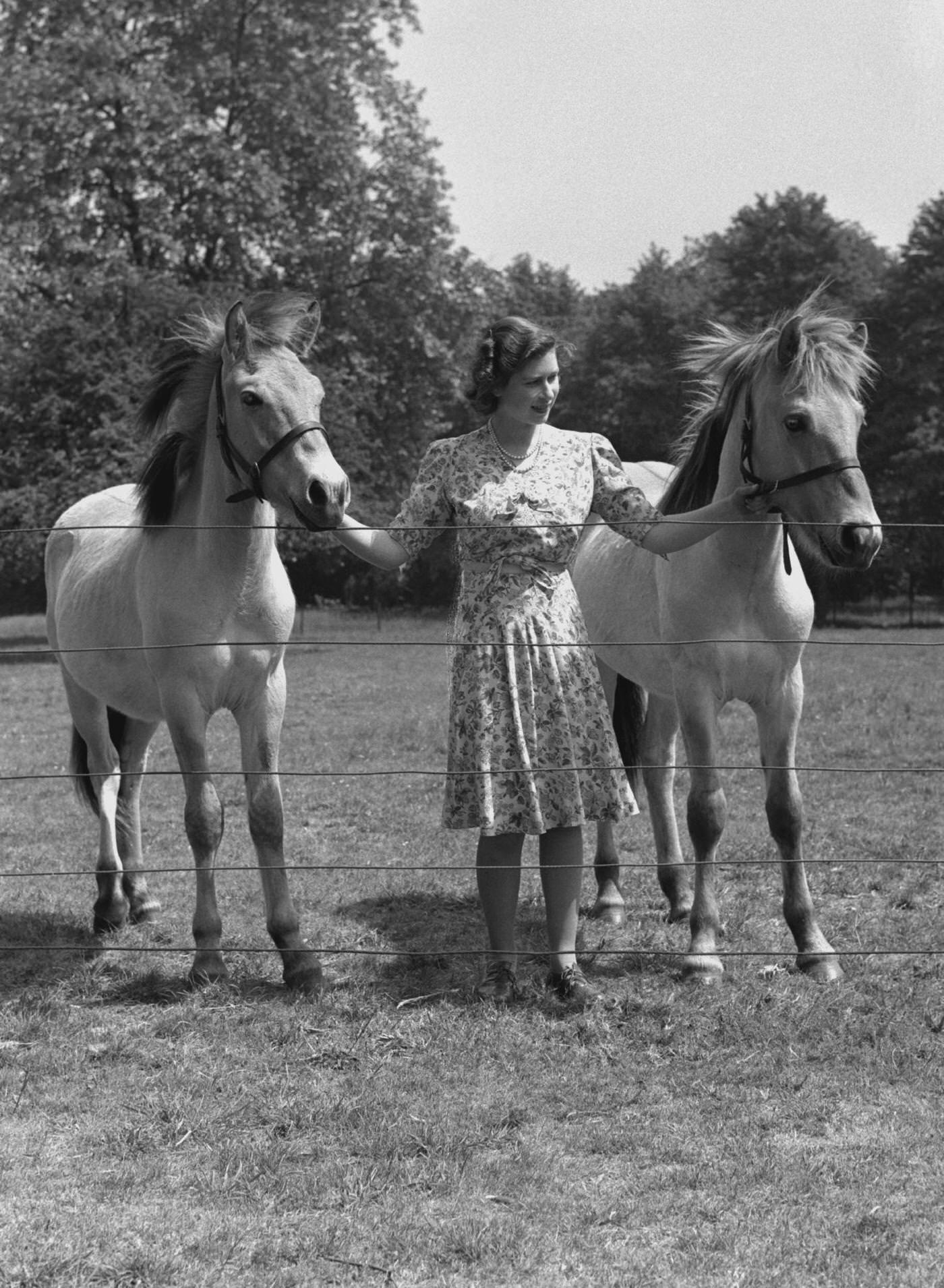 Princess Elizabeth pictured holding the reins of two horses in the garden at Windsor Castle, 1944Princess Elizabeth pictured holding the reins of two horses in the garden at Windsor Castle, 1944